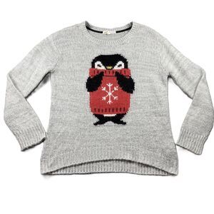 Jolt Women Sweater Cozy Knit Penguin Graphic Pullover Gray Red Large B113